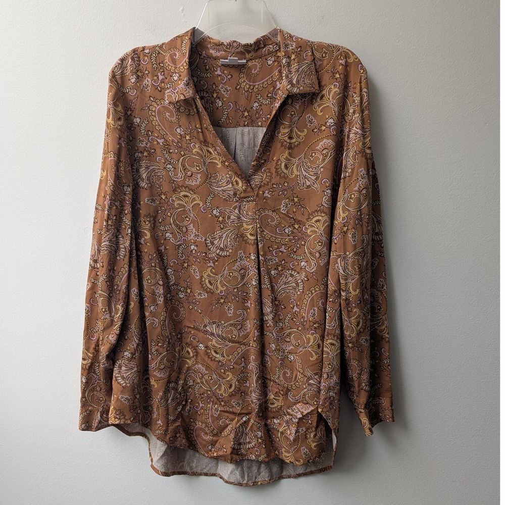 J. Jill Tunic Blouse Brown Paisley Split Neck Viscose Sz M Boho Quiet Luxury